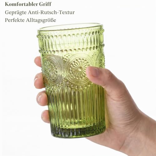 Kingrol 6 Stück 350ml Vintage Trinkgläser, 12oz geprägte romantische Wassergläser, Glasbecher-Set für Saft, Getränke, Bier, Cocktail (Grün) – Ansicht 4