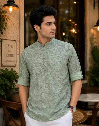 Image of Majestic Man Men's Cotton Regular Fit Short Printed Designer Kurta