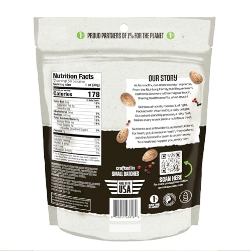 Image of AlmondRx | Heart Healthy Skinless Lightly Salted California Almond Snack Packs | Fortified with Vitamin D | Plant Protein | Keto | Vegan | No Sugar Added (12 Ounce (Pack of 1), 5 Pepper Blend)