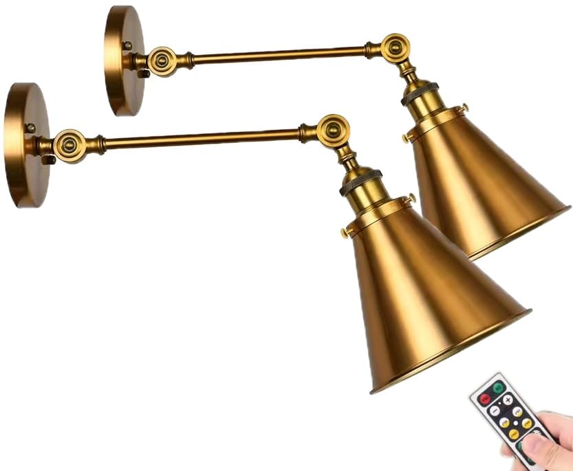Battery Operated Sconce Wall Lighting Set of 2 with Remote,Vintage Brass Wireless Wall Light,Gold Long Arm Wall Light Fixture Indoor Decor No Wiring Wall Lamp for Farmhouse Bedroom Bathroom