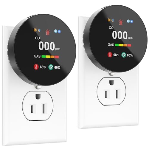 4-in-1 Carbon Monoxide & Gas Detector Plug in, Combination Natural Gas Leak & Carbon Monoxide Alarm, Dual Sensor CO & Gas Detector with Temperature & Humidity, 2 Packs