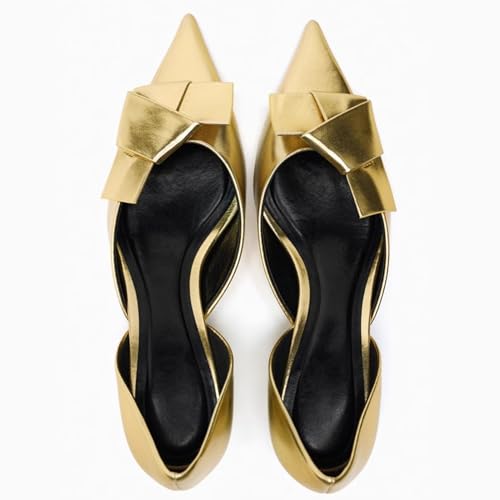 KysBloes Women Pointed Toe Kitten Heels Pumps Low Heel Bow Shoes,Metallic Gold Pumps3