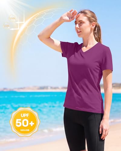Image of Runhit Womens Workout Tops Short Sleeve UPF 50+ Athletic Sun Shirts Quick Dry V Neck T-Shirt Moisture Wicking Gym Hiking Tee