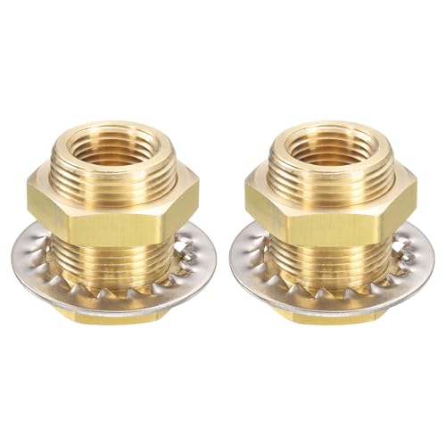 QUARKZMAN 2 Piezas De Racor De Mamparo De Latón NPT 1/2' Hembra con Doble Roscado para Tanque De Agua con Arandelas De Sellado para Cubos De Lluvia Lavabos Acuarios
