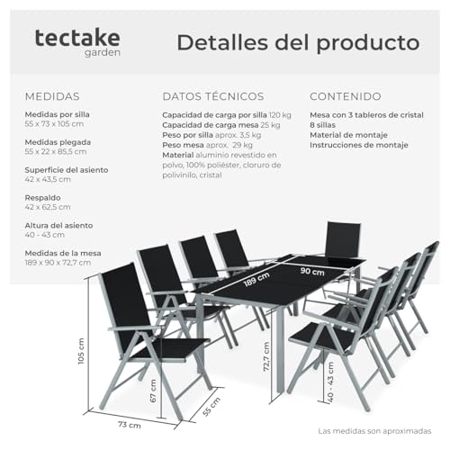 tectake® Conjunto Muebles Jardín Exterior 9 Piezas, Estructura de Aluminio, Mesa y Sillas Terraza Impermeables, Resistentes a Intemperie, Sillas Plegables y Reclinables, Tela Transpirable - Plata - imagen 7
