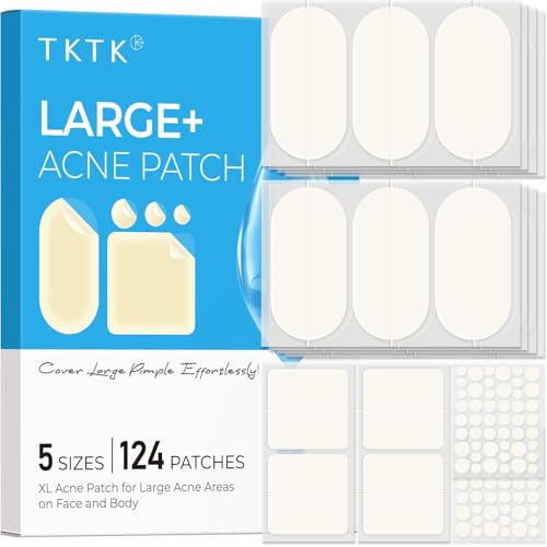 TKTK Large Pimple Patches for Face 60 x 30 mm XL Spot Patches Big Hydrocolloid Beauty Stickers for Face & Body Soft Covers for Occasional Blemishes (Oval Square Dot 5 Sizes 124 Count)