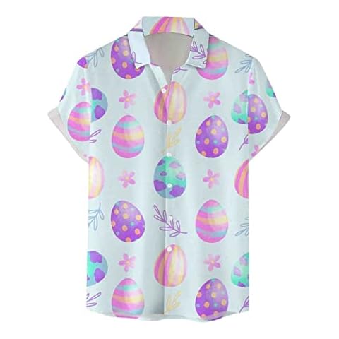 HJINGSUN Easter Shirts for Men Funny Easter Eggs Bunny Carrot Print Hawaiian Button Dress Shirts Casual Sweatshirts Loose Relaxed Fit Big Tall Cotton Linen Tropical Shirts Short Sleeve Cover