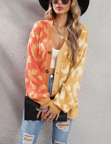 chouyatou Women's Color Block Leopard Print Button Down Long Sleeve Cardigan Sweaters3