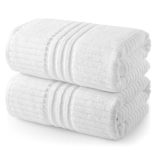 ecolook 2 Pack Large Bath Towels Set with Hanging Loop 100% Cotton Soft Bath Towels 55 x 28 Inches Lightweight Quick Dry & Highly Absorbent Bathroom Towels for Spa Pool Gym White