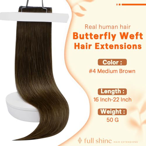 Image of Full Shine Butterfly Weft Hair Extensions 16 Inch 50G Medium Brown | Natural Thin Volume, Invisible PU Hole Genius Weft, Remy Human Hair, Micro Bead Wear for Women, Seamless Blend Solution