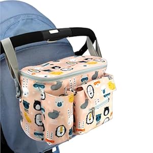 Large Capacity Baby Strollers Hanging Bag Cartoon Animal Print Travel Diaper Bag Organiser Storage Bag with Multiple Pockets