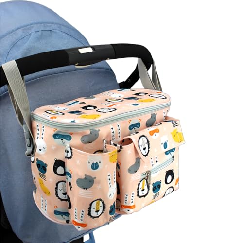 Large Capacity Baby Strollers Hanging Bag Cartoon Animal Print Travel Diaper Bag Organiser Storage Bag with Multiple Pockets