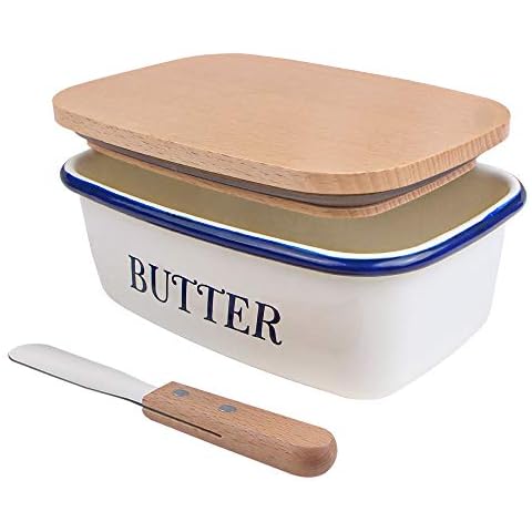 webake Butterdose Emaille mit Holzdeckel Butterschale Butter Dish Cover