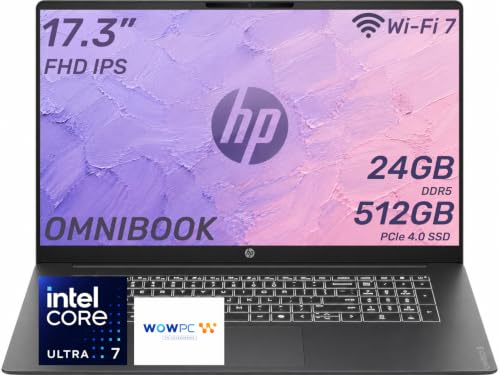 Image of HP OmniBook (Next Gen Pavilion) 17.3 inch Business Laptop, FHD IPS Micro-Edge Display, Intel Core Ultra 7, 24GB DDR5 RAM, 512GB PCIe SSD, Backlit Keyboard, Wi-Fi 7, Thin & Lightweight, Windows 11 Pro