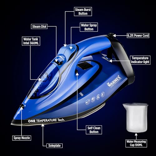 Image of Warmex No knob Automatic Steam Iron 2000W | No Burn Smart Perfect Care Temperature Control, Heavy Duty Steam Iron Press Box for Home Clothes, Auto 3Way Shut Off Sensor | Quick Calc Cleaning Function