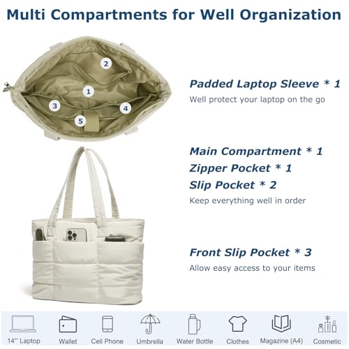 Image of CATMICOO Puffer Tote Bag for Women Quilted Travel Tote with Zipper Puffy Shoulder Handbag for Work Gym