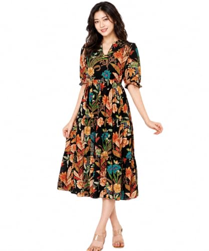 Image of LABEL ADRIJA Pure Cotton Calf Length Midi Dress for Women Floral Print | Flared Anarkali Dress Puff Sleeves