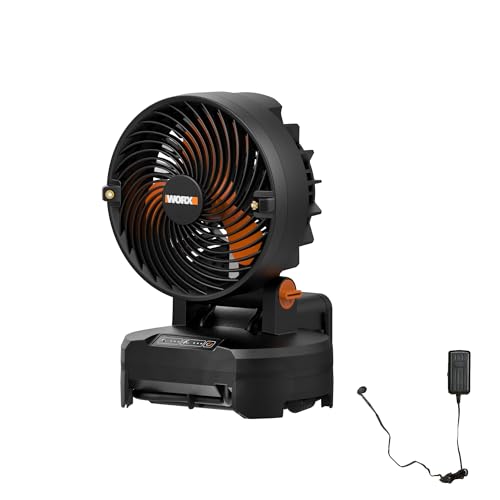 WORX 20V Cordless Misting Fan w/ 3 Speed & 3 Mist Settings, Bucket Top Portable Fan Max 15Ft Misting Distance, Lightweight Quiet Battery Operated Fan w/Long Runtime Power Share WX097L.9 – To