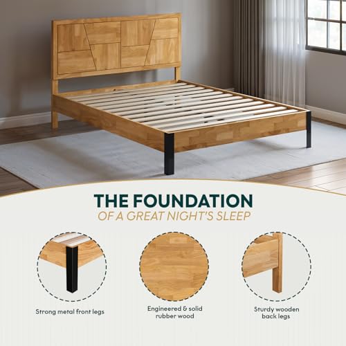 Image of Bme Trapeze Queen Bed Frame - Modern Solid Wood Bed with Smooth Pattern Headboard, Black Metal Legs, Light Natural Finish - Durable Queen Size Platform Bed for Contemporary Bedrooms