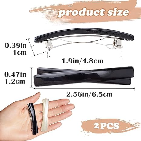 2 Pcs 2.56 Inch French Barrette Hair Clips for Women, Small Tortoise Shell Hair Clip, Curved Glossy Thin Hair Flat Hair Accessories for Women Girls(Black, White) - Image 2