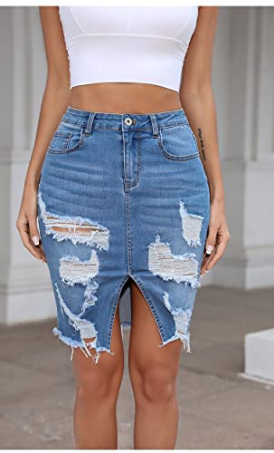 Women’s Distressed Denim Pencil Skirt High Waisted Knee Length Slit Hem Stretch Jean Skirts4