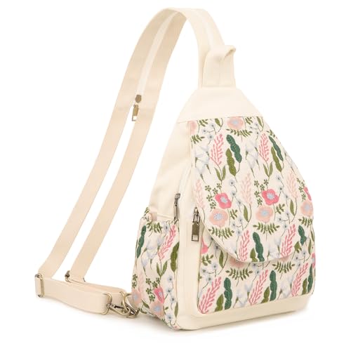 Image of SILKAREA Embroidered Sling Bag for Women, Crossbody Backpack Purse Anti-Theft Travel Daypack, Adjustable Shoulder Chest Pack with Tablet Pocket (Embroidered White-2)