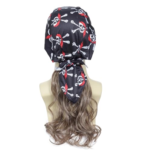 Image of Men's Pirate Wig with Integrated Bandana, Long Curly Synthetic Wig, Skull Print Bandana Pirate Costume Wig for Halloween, Cosplay and 80s Theme Party (Light Brown)