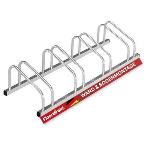 Floordirekt Soporte para bicicletas para 4 bicicletas con anchos de neumáticos de hasta 55 mm, soporte de hierro, para suelo o montaje en pared, 135 x 33 x 26,5 cm (plata)