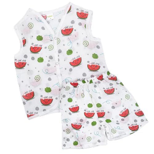 Image of BAYBEE 100% Muslin Cotton New Born Baby Clothes for Kids | Sleeveless Summer Wear with Soft & Breathable | Shirt and Shorts Set | Jablas for Baby Girl Boy Dress