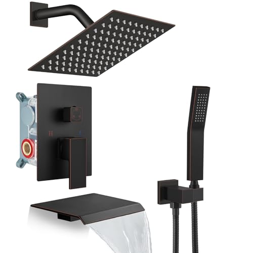 gotonovo Rain Shower Faucet System Set Rainfall Shower Head with Handheld Sprayer Waterfall Tub Spout Wall Mounted Mixer Combo Rough in Valve and Trim Included 8 Inch Oil Rubbed Bronze