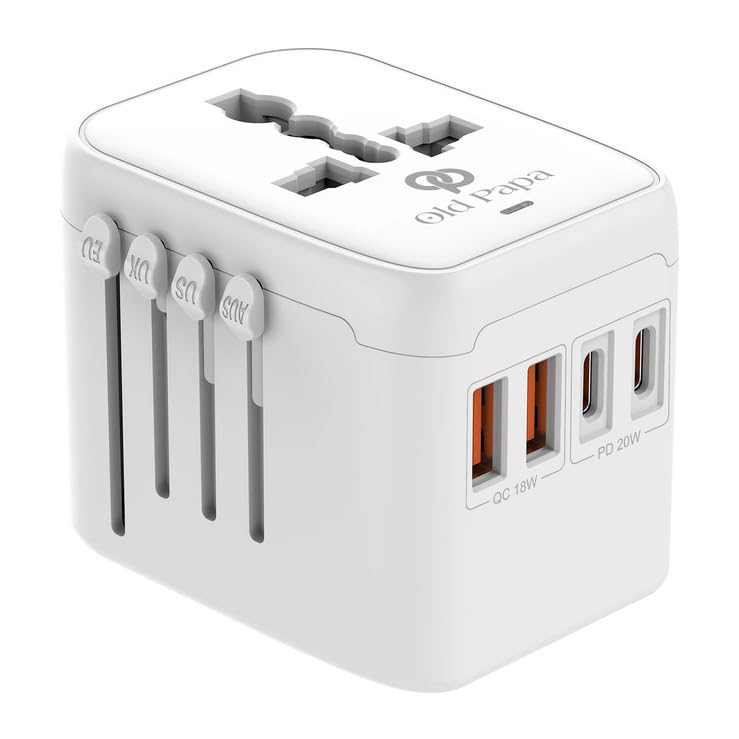 Old Papa 5 in 1 Universal Travel Adapter, PD20W International Power Adapter, 2 x USB-C PD & 2 x USB-A PD Fast Charging,for US, UK, Europe, AUS, South Africa, India and 200 Countries. (White)-image-32