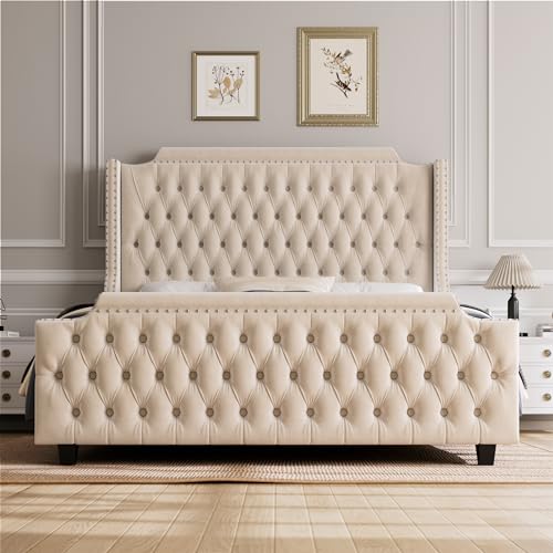 HOSTACK King Size Velvet Platform Bed Frame with Wingback Headboard and Tufted Footboard - Cream