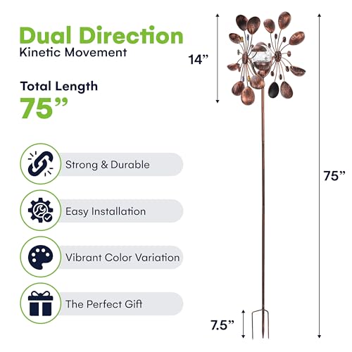 SteadyDoggie 75-Inch Wind Spinners Jewel Cup - Solar-Powered with Multi-Color LED Glass Ball - Metal Kinetic Windmill for Dual Wind Direction - Easy to Assemble Garden and Outdoor Yard Decorations
