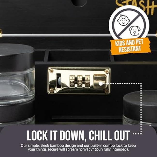 The OG Storage Box - Large Bamboo Box with Combination Lock, Magnetic Lid, Organizer Tray, Airtight Tube and 3 Jars - Discreet Decorative Locking Wooden Box with Accessories (Black/Gold)