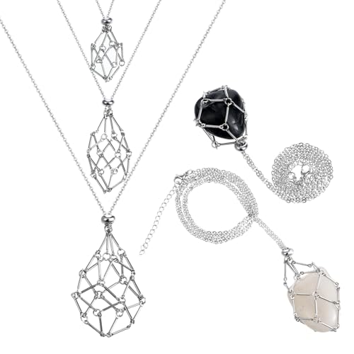 Ptwola 3 Pcs Crystal Necklace Holder Stainless Steel Stone Cage Adjustable Empty Gemstone Cage Pendant Necklace Holder Handmade Fish Netted for Women Men Yoga Meditation DIY Jewelry Making Home Decor