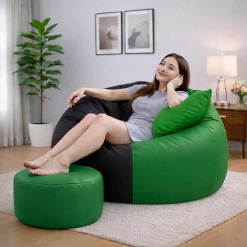 Image of 4XL Tear Drop Bean Bag with Footrest & Cushion | Premium Leatherette Bean Bag Cover | XXXXL Lounger Chair for Living Room | Without Beans | Upto 150 Kg (Green::Black, XXXXL)