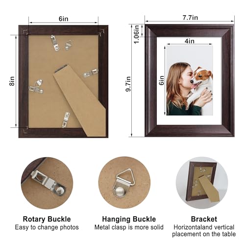 Image of iRahmen 6x8 Vintage Picture Frame with Mat 4x6 - High Definition Real Glass Wooden Photo Frames for Tabletop Display and Wall Mounting (Dark Brown, Set of 4)