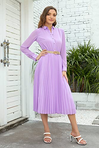 Image of Business Casual Shirt Dress for Women Long Sleeves Pleated Midi Dresses with Belt