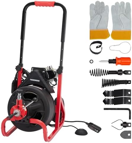 Electric Drain Cleaner Machine with Air-Activated Foot Switch, 6 Cutters, 3/8" x 100ft Heavy Duty Cable, Ideal for 1-4 Inch Pipes, Perfect for Home & Commercial Use.
