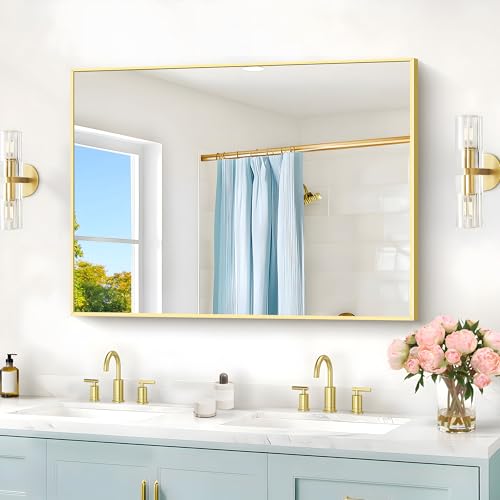 Image of COFENY 30x40In Gold Bathroom Mirror for Wall, Brushed Gold Rectangle Mirrors with Metal Frame, Bathroom Rectangular Mirror Modern Wall Mirror for Bedroom Living Room, Hangs Horizontal or Vertical