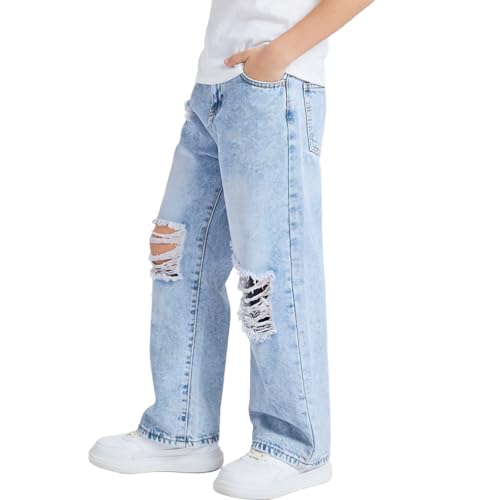 Vaqueros rotos holgados de denim casual para niños y niñas de 6 a 13 años con cintura elástica