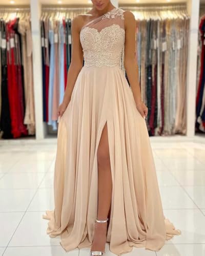 One Shoulder Lace Bridesmaid Dresses Long for Wedding A-Line Chiffon Slit Formal Party Gown with Pockets4