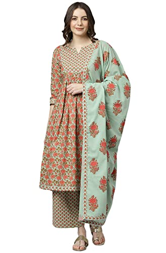 Image of Janasya Women's Light Green Cotton Kurta With Palazzo And Dupatta