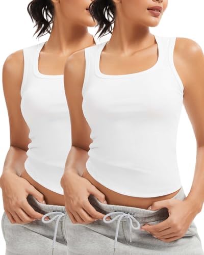 Women's Ribbed Cotton Tank Top Sleeveless Square Neck Tank Slim Fitted Knit Casual Tops Shirts