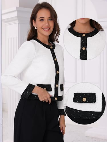 Allegra K Sequined Tweed Blazer for Women's Collarless Button Up Casual Office Short Blazers2