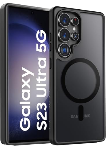 Image of Elzzi Magnetic Guard Designed for Samsung S23 Ultra 5G Case Translucent Matte Hard PC + TPU Back Cover [Compatible with MagSafe] Anti-Scratch Phone Case (Black)