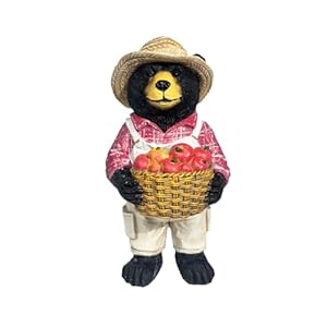 Black Bear Farmer Figurine with Basket Rustic House Garden Decor Bear Collectible Figures for Office Decoration Yard Statue Gift Craft