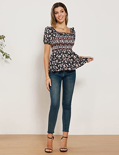 Grace Karin Womens Square Neck Ruffle Hem Shirred Peplum Top Short Sleeve Shirt Blouse Black Xxl #TOP3