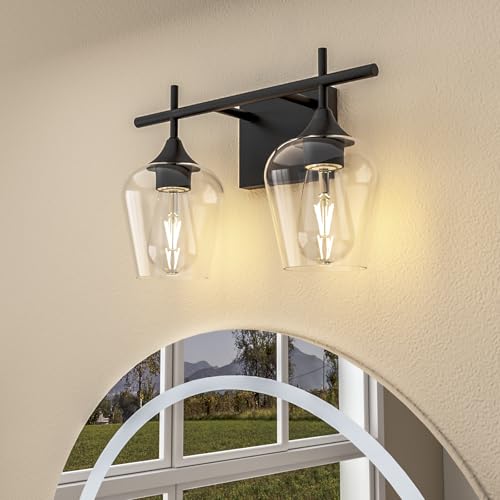 Image of Vanity Bathroom Light, 2-Light Bathroom Light Fixtures Over Mirror, Black Vanity Lights for Bathroom with Clear Glass, Modern Wall Lamp for Cabinet Hallway, Bedroom