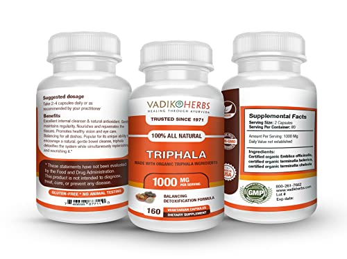 Triphala (Trifala) Powder Organic 160 Veg Capsules By Vadik Herbs | 100% Pure And Natural Super Food Supplement. Non Gmo, Gluten Free #TOP1